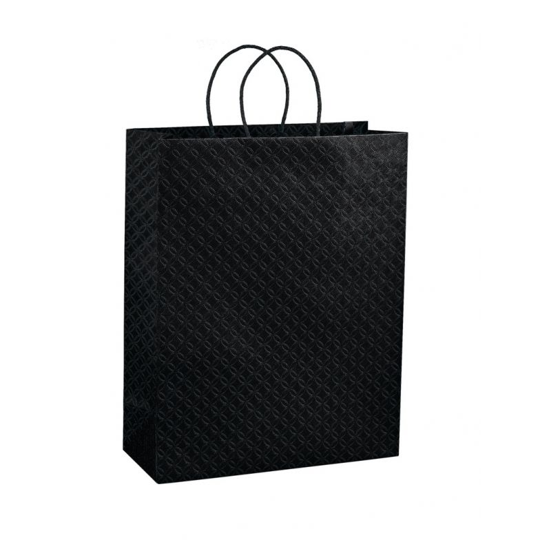 Juodas popierinis maišelis su įdėklu ir medžiaginėmis rankenėlėmis