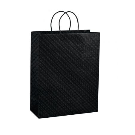 Juodas popierinis maišelis su medžiaginėmis rankenėlėmis