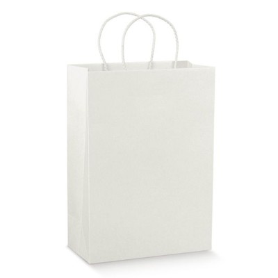 Baltas popierinis maišelis su medžiagine rankenėle