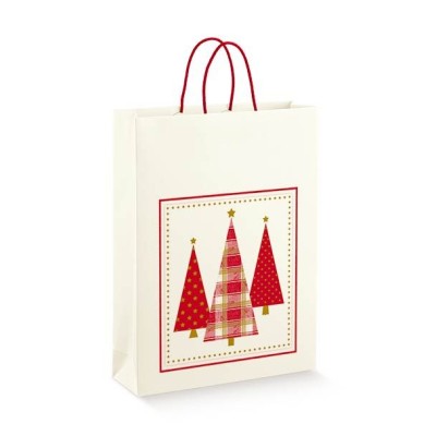 Kalėdinis popierinis maišelis su medžiaginėmis rankenėlėmis