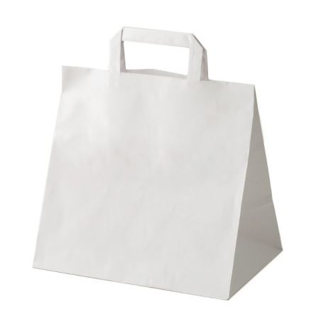 Popierinis baltas maišelis plačiu dugnu Flat rankenėlės