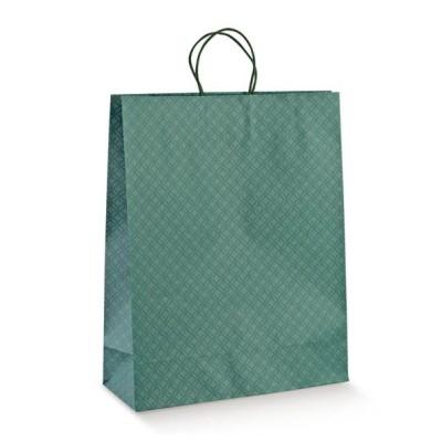 Žalias popierinis maišelis su medžiaginėmis rankenėlėmis